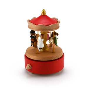 Animated 18 Note Kids on a Red and Wooden Carousel Keepsake   
