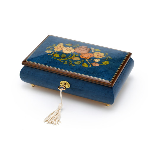 Radiant 18 Note Royal Blue Floral Inlay Musical Jewelry Box with Lock and  Key