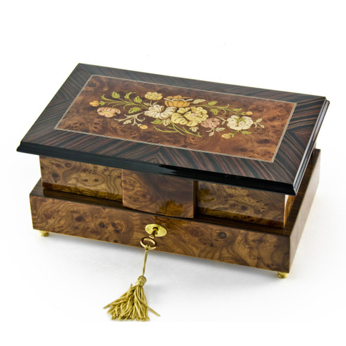 Grand 22 Note Double Level Musical Jewelry Box with Exquisite Floral Inlay