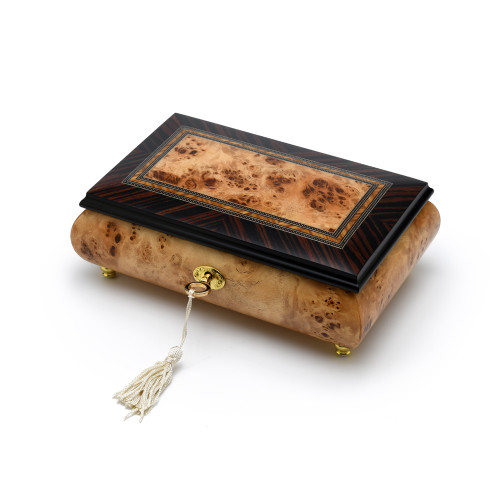 Italian inlaid musical jewelry box with instruments in elegant matte finish with customizable tune options 