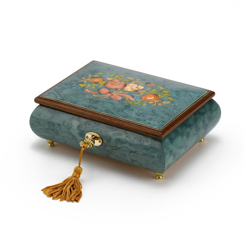 Beautiful 23 Note Turquoise Floral Inlay Musical Jewelry Box with Lock and Key