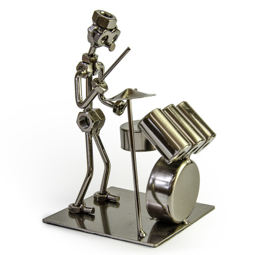 Handcrafted metal musician with drum set figurine