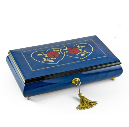 Vibrant 30 Note Royal Blue Double Red Rose and Heart Musical Jewelry Box