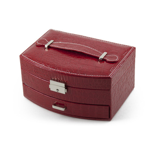 Elegant Curved Front Red Croc Skin Faux Leather Jewelry Box