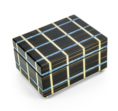 Contemporary Blue and Beige Line Inlay 18 Note Musical Jewelry Box