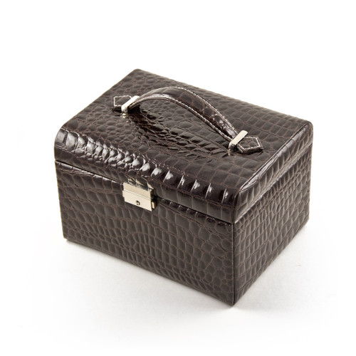 Luxurious Brown Croc Skin Faux Leather Multi-Tier Jewelry Box With Lock
