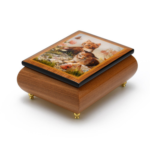 Playful Natural Wood Tone Ercolano Music Jewelry Box - Kitten Frolic by Brenda Burke