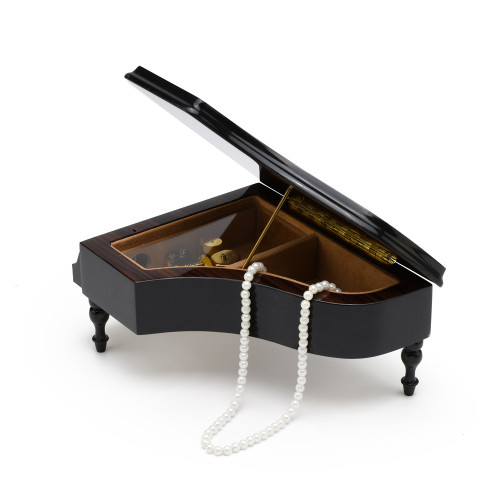 Gorgeous 22 Note Black Lacquer Grand Piano with Violin and Floral Inlay Musical Jewelry Box