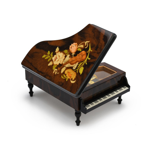 Gorgeous 30 Note Burl-Elm Music and Floral Theme Grand Piano Sorrento Music Box