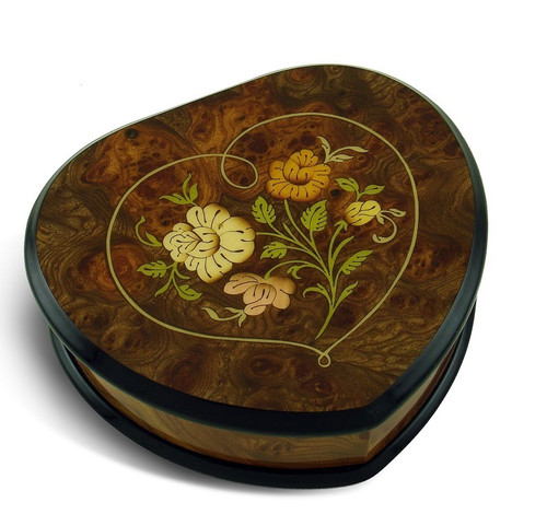 Simply Elegant and Expressive 22 Note Heart Shaped Floral Wood Inlay Musical Jewelry Box