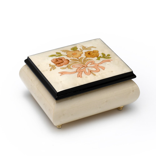 Handcrafted 18 Note Ivory Music Box with Flowers and Ribbon Inlay