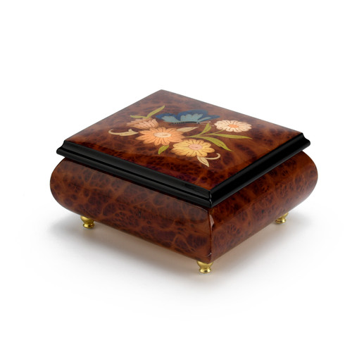 Adorable 18 Note Wood Stain Music Box with Butterfly and Flower Inlay