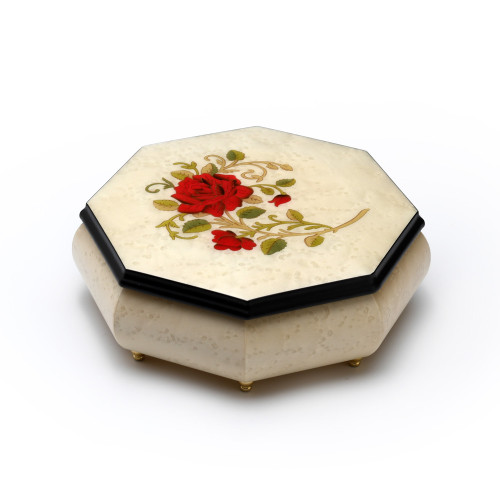 Octagonal Ivory Stain 22 Note Musical Jewelry Box with Single Red Rose Inlay