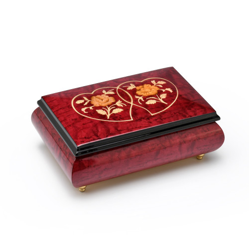Hand Made Red Wine Double Heart and Roses 22 Note Music Jewelry Box