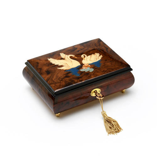 Gorgeous Handcrafted 22 Note Walnut Music Box with Swans Wood Inlay