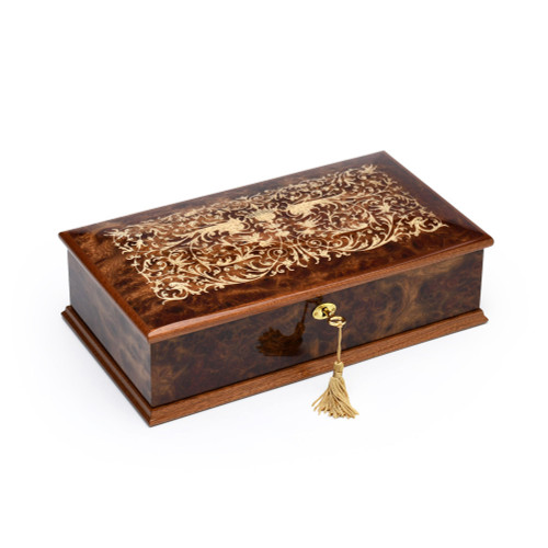 Amazing 30 Note Burl-Elm Grand Italian Arabesque Wood Inlay Musical Jewelry Box