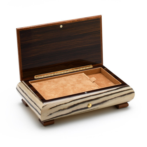 Brilliant Handcrafted Zebra Striped Italian Wood Inlay 18 Note Musical Jewelry Box
