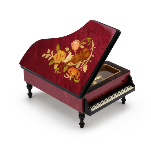 Brilliant 18 note Red Wine Grand Piano with Violin and Floral Inlay Music Box