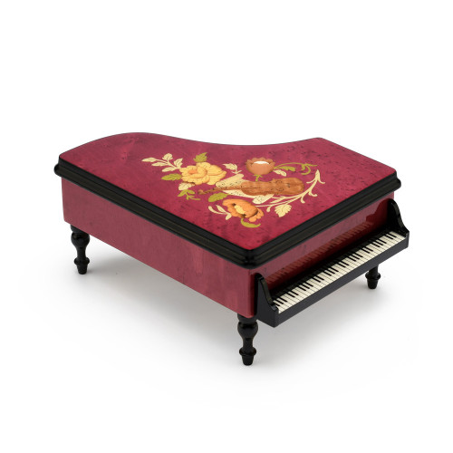 Brilliant 36 Note Red Wine Grand Piano with Violin and Floral Inlay Music Box