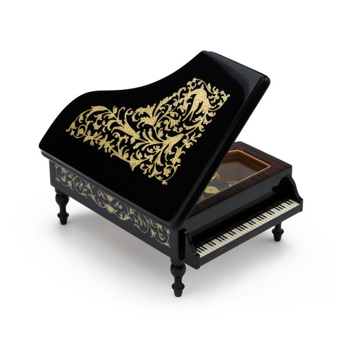 Ornate 18 Note Black Lacquer Finish Grand Piano with Arabesque Inlay Music Box