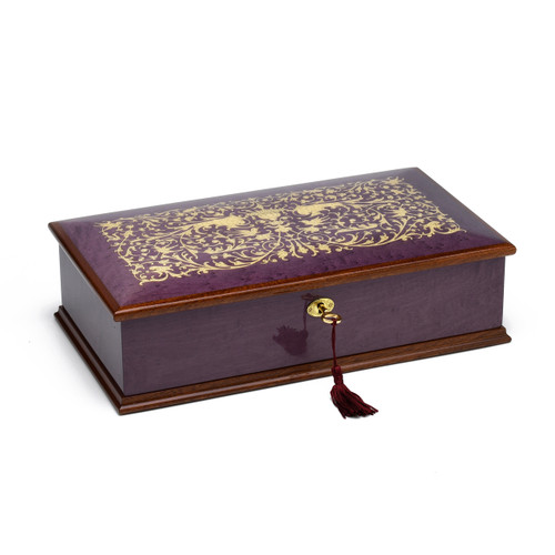 Exquisite 36 Note Hi Gloss Purple Grand Italian Arabesque Wood Inlay Musical Jewelry Box