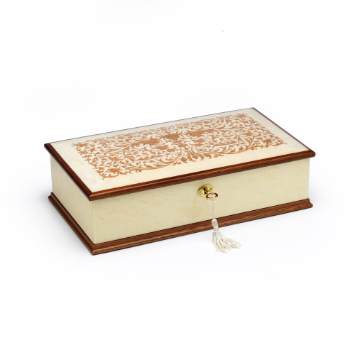 Prestigious 30 Note Ivory White Grand Italian Arabesque Wood Inlay Musical Jewelry Box