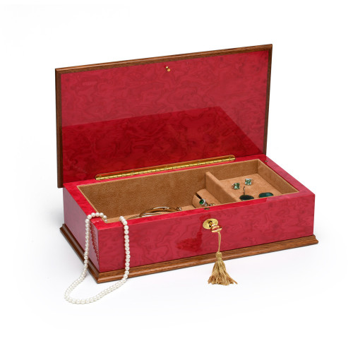 Beautiful 36 Note Red Wine Grand Italian Arabesque Wood Inlay Musical Jewelry Box