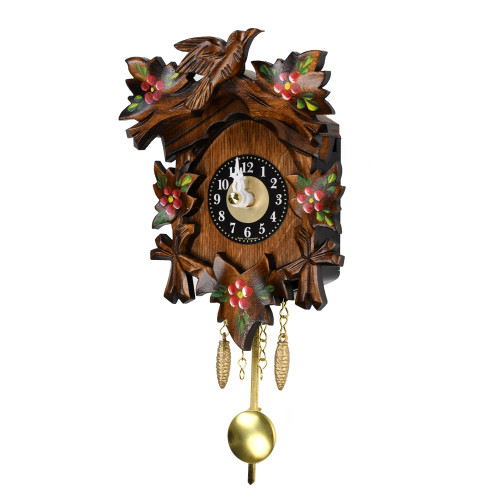 Traditional Carved Black Forest Quartz Mini Cuckoo Clock with 5 Painted Flowers and Leaves