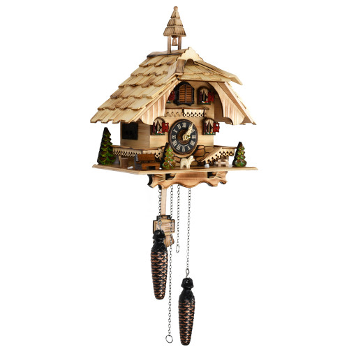 Rustic Burnt Black Forest Chalet with Bell Tower Quartz Musical Cuckoo Clock