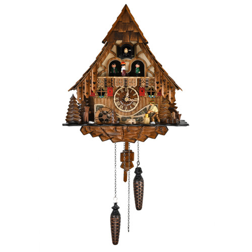 Elaborate A Frame Chalet Black Forest Musical Quartz Cuckoo Clock with Animated Dancing Couples and Wood Chopper
