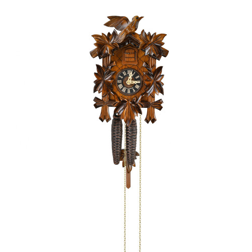 Gorgeous Traditional Carved Black Forest 1 Day Mechanical 5 Leaves and Bird Cuckoo Clock