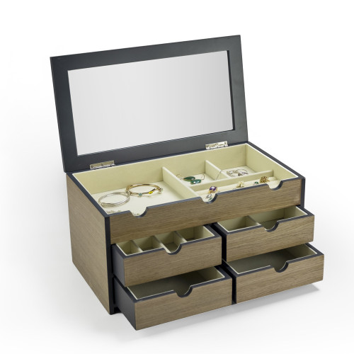 Modern 23 Note Washed Grey Spacious Musical Jewelry Box with Mirror