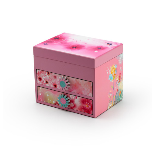 Pink Floral Theme 18 Note Spinning Ballerina Jewelry Box