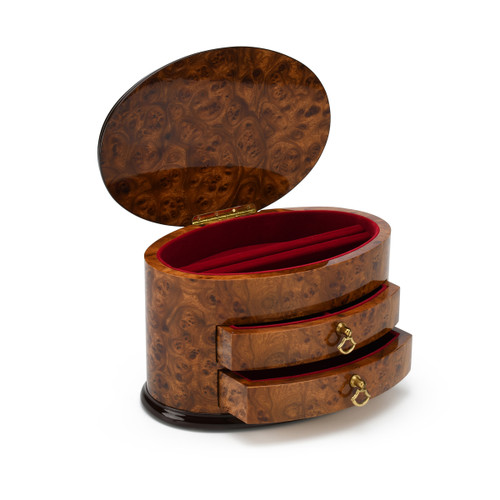Grand Oval Shaped 18 Note Burl Walnut Italian Musical Jewelry Box