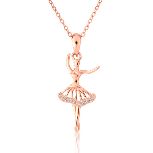 18kt Rose Gold Plated Necklace with Ballerina Pirouette Pendant with Gemstones 