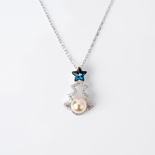 Platinum Plated Necklace with Christmas Tree Pendant with Blue Star Swarovski Crystals and Pearl