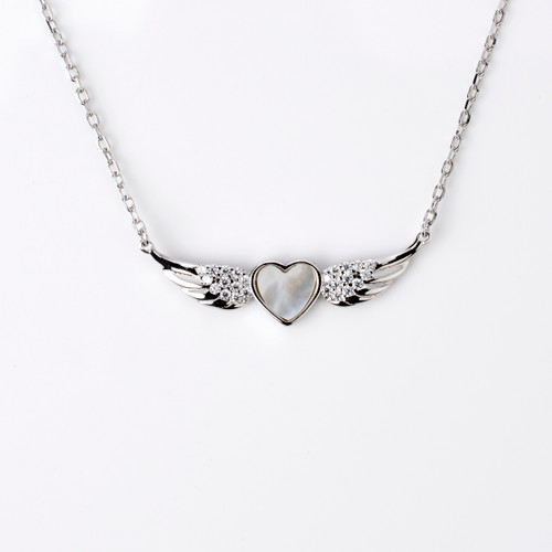 Platinum Plated Necklace with Mother of Pearl Winged Pendant with Gemstones 