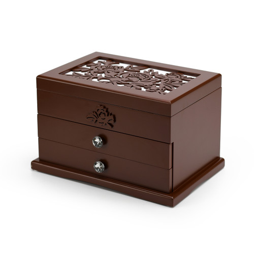 Spacious Dark Brown 18 Note Carved Floral Design Spinning Ballerina Jewelry Box