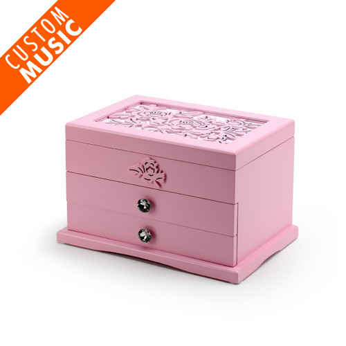 Spacious Pink USB Sound Module Carved Floral Design Musical Jewelry Box