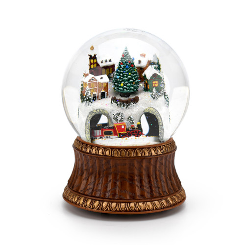 Grand Rotating Train on Mountain Village Animated Musical Snow Globe