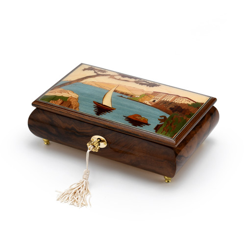 Natural Burl Walnut 36 Note Italian Music Box with Scenes of Sorrento Part 2 Inlay