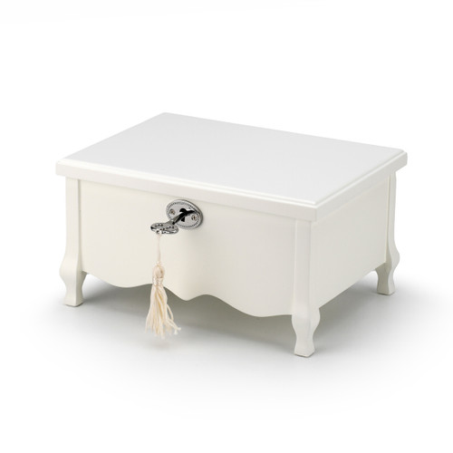 French Provincial Inspired Matte White 18 Note Spinning Ballerina Musical Jewelry Box