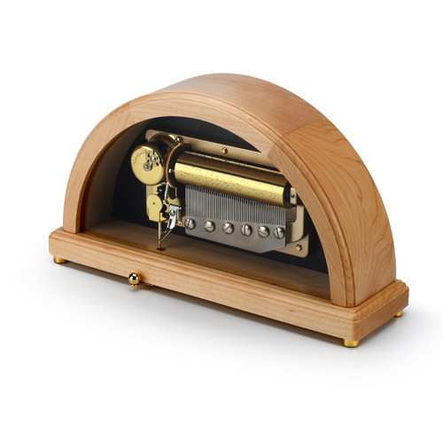 Modern Half Moon Natural Wood Finish Glass Display 50 Note Sankyo Musical Heirloom