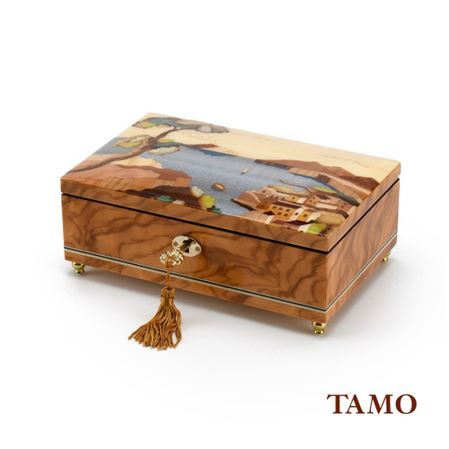 Handcrafted Italian 23 Note Music Box with Coastal View of Sorrento - Various Wood Finish Options Available