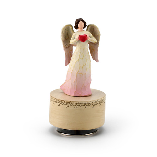 Carved Wooden Design - Sculpted Angel Holding a Red Heart