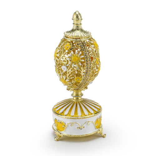 Dazzling Yellow 18 Note Musical Floral and Filigree Faberge-style Egg with Jeweled Butterfly 