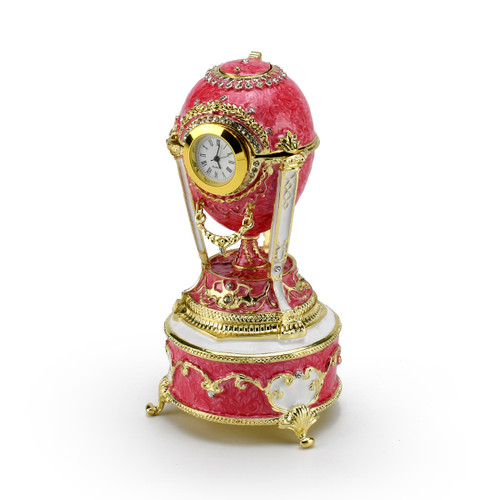 Gold Accented Quartz Clock 18 Note Pink Musical Jeweled Faberge-style Egg with Rooster