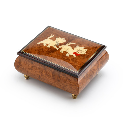 Gorgeous Burl-Elm Cats at Play  Inlay 23 Note Handcrafted Musical Jewelry Box