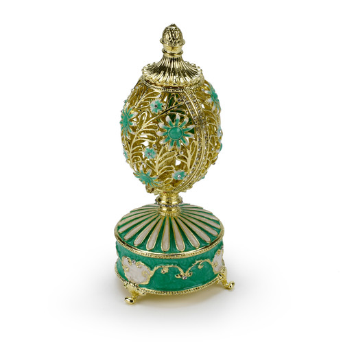 Dazzling Green 18 Note Musical Floral and Filigree Faberge-style Egg with Jeweled Butterfly 