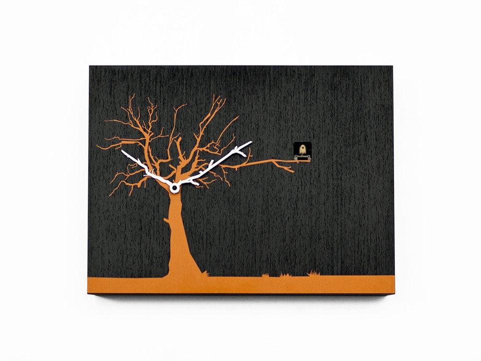 Contemporary Modern Cuckoo Clock with Black Wall with Orange Tree - by Progetti